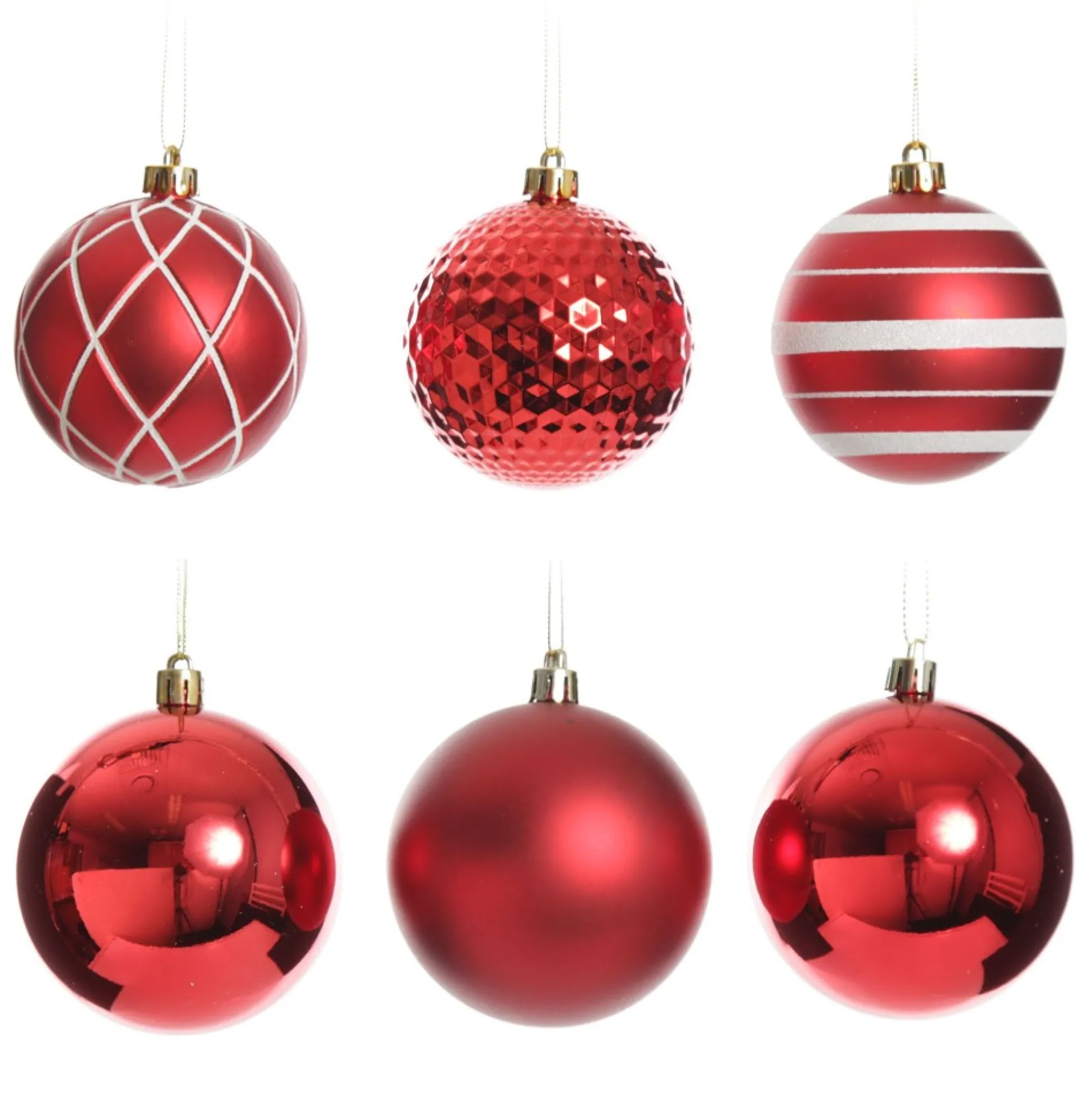 Assorted Decorative Red and White Shatterproof Christmas Baubles - Set of 6 Christmas Bauble Sets|