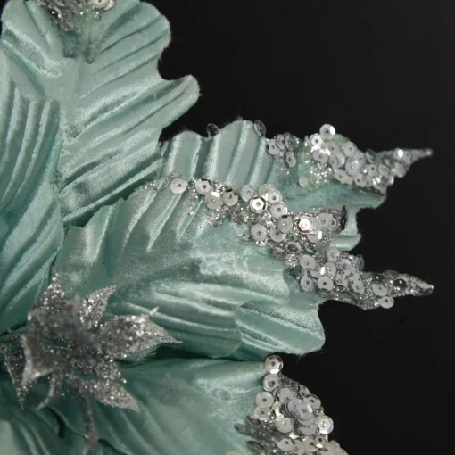 Baby Blue Sequin Poinsettia Flower Stem Christmas Flowers|