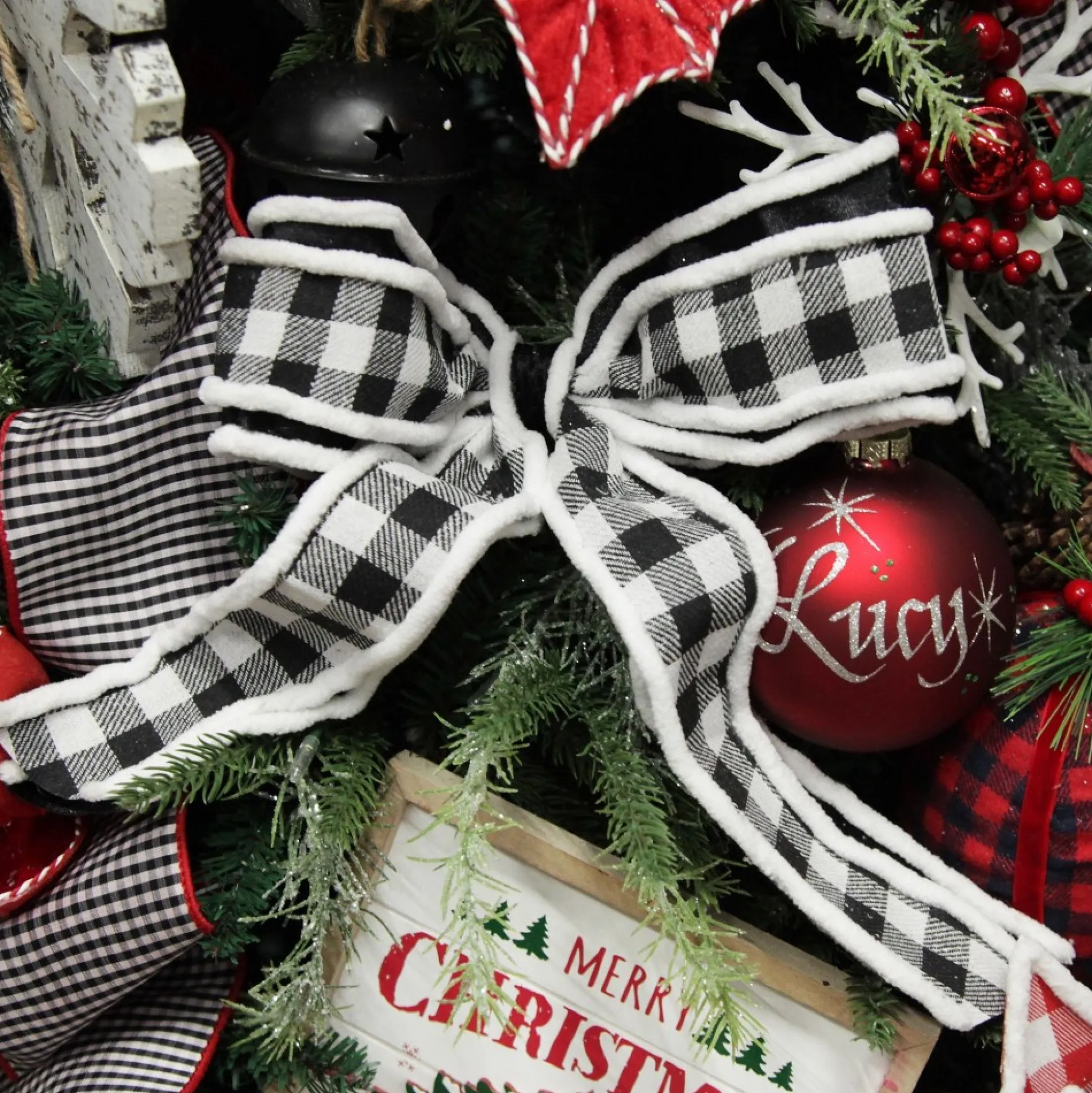 Black and White Check Christmas Bow with Fur Trim Christmas Bells And Bows|
