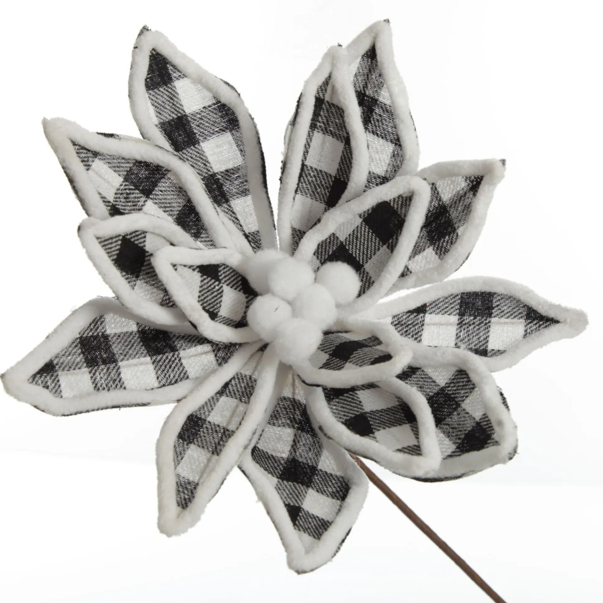 Black and White Check Flower Stem with Fur Trim Christmas Flowers|