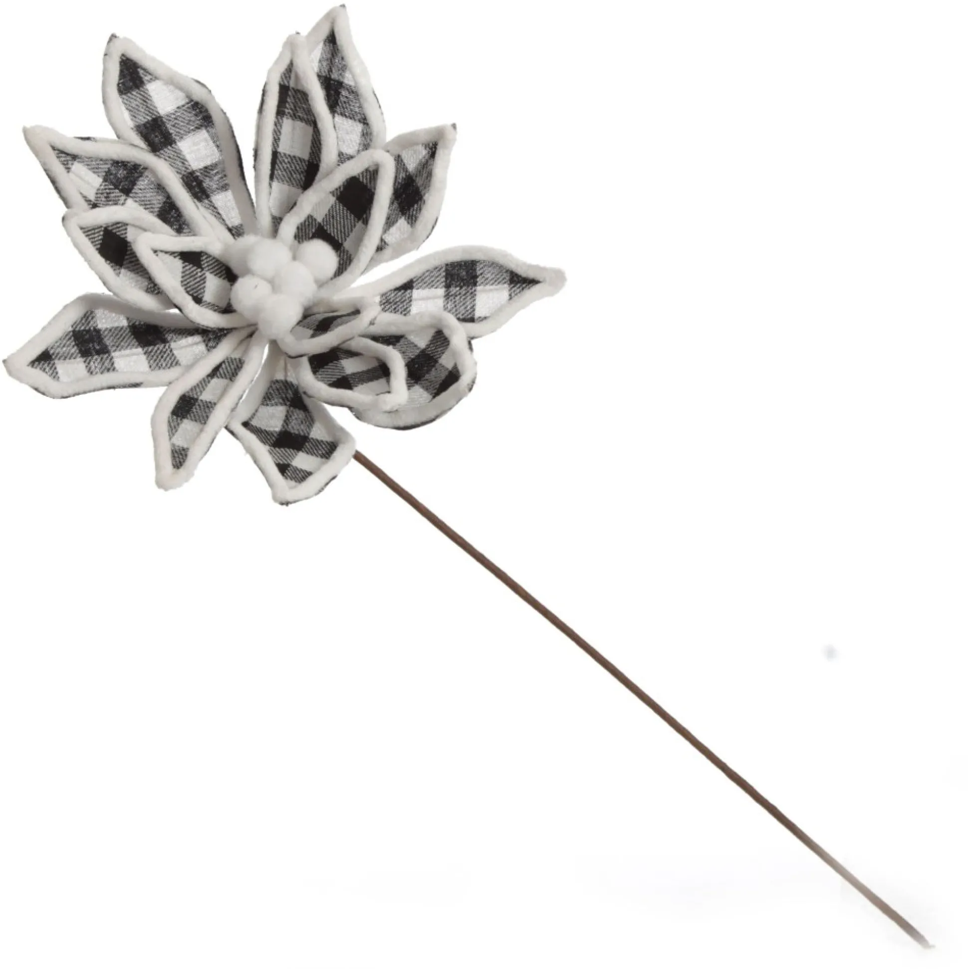 Black and White Check Flower Stem with Fur Trim Christmas Flowers|