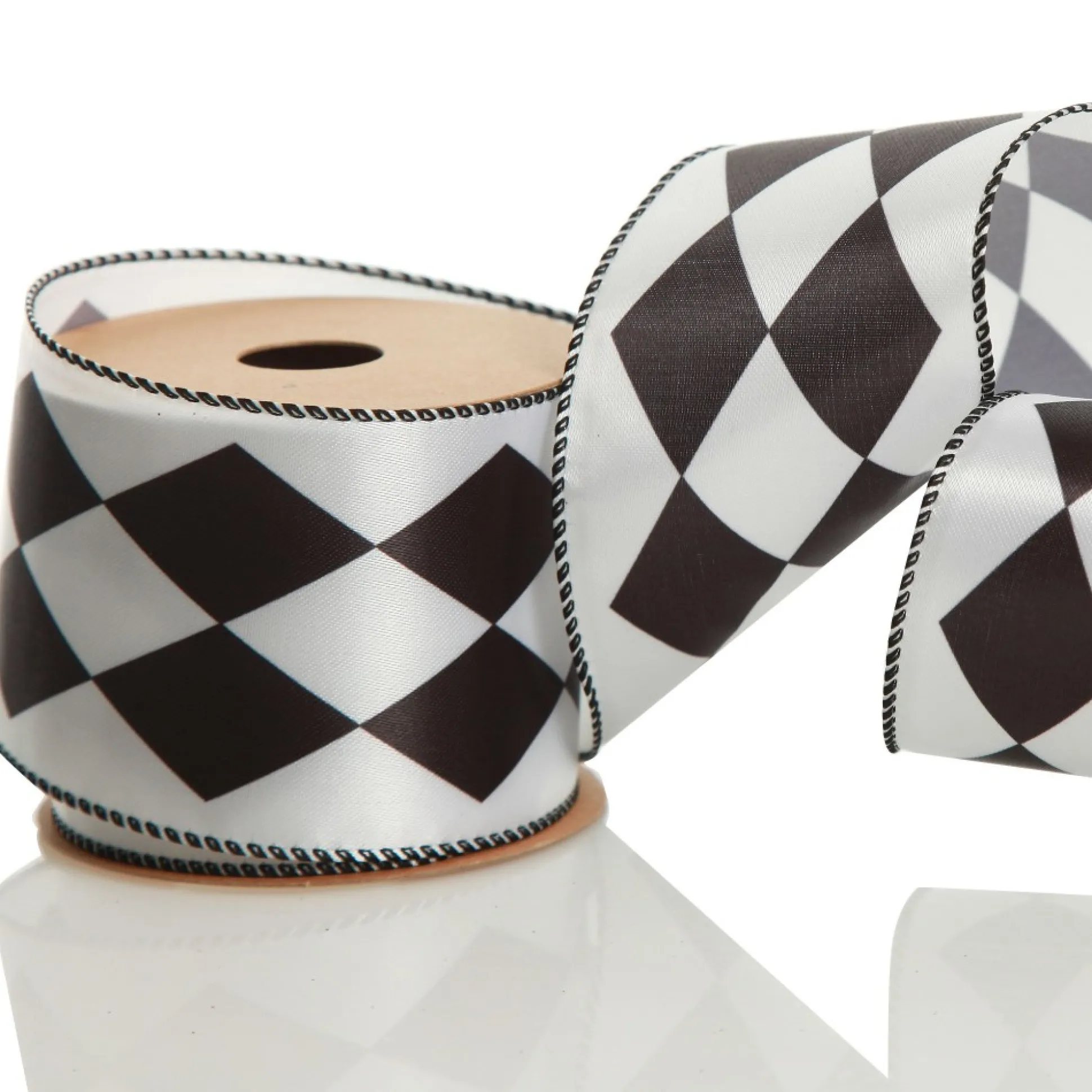 Black and White Diamond Check Wired Christmas Ribbon Ribbons|