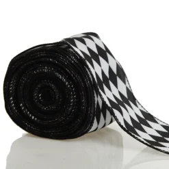 Black and White Harlequin Diamond Pattern Wired Ribbon - 6.5cm Ribbons|