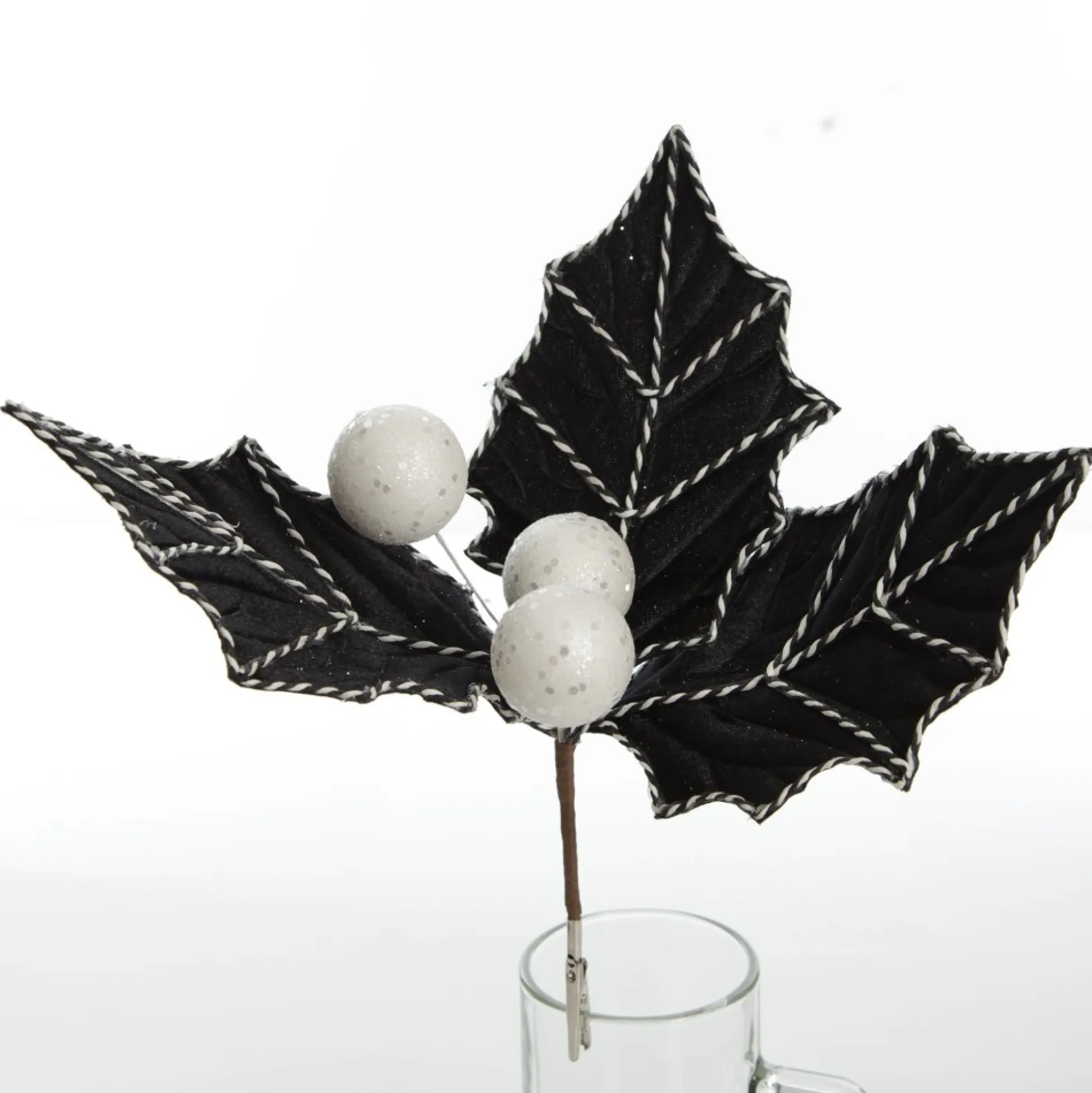 Black Christmas Holly Leaf Clip with Twine Trim Christmas Flowers|