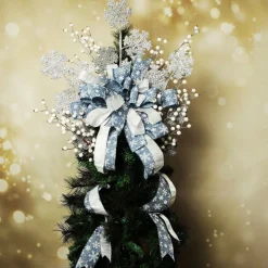 Blue and Silver Snowflake Deluxe Tree Topper Bow with Streamers Tree Toppers|