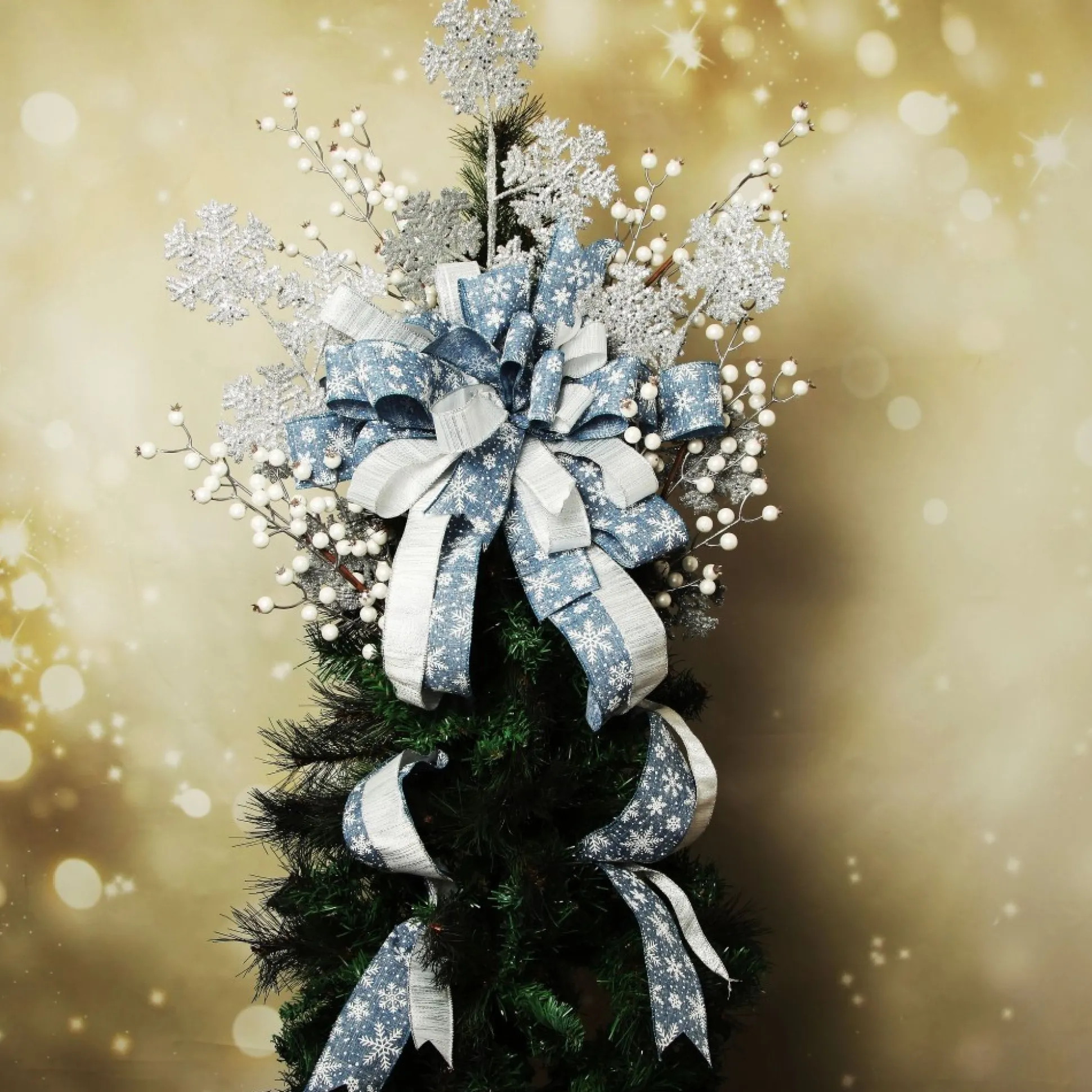 Blue and Silver Snowflake Deluxe Tree Topper Bow with Streamers Tree Toppers|