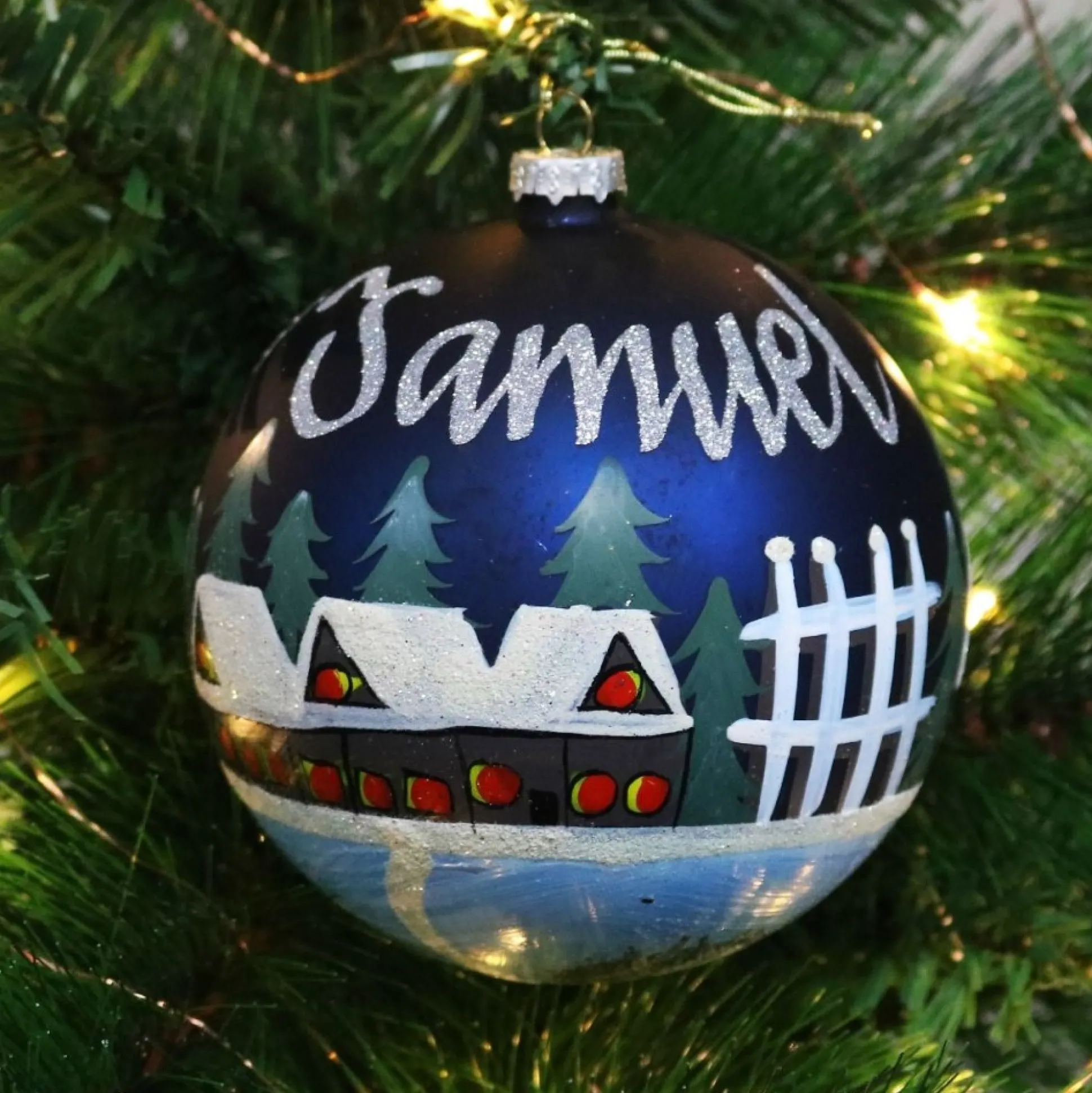 Blue Christmas Village Bauble Personalised Baubles|