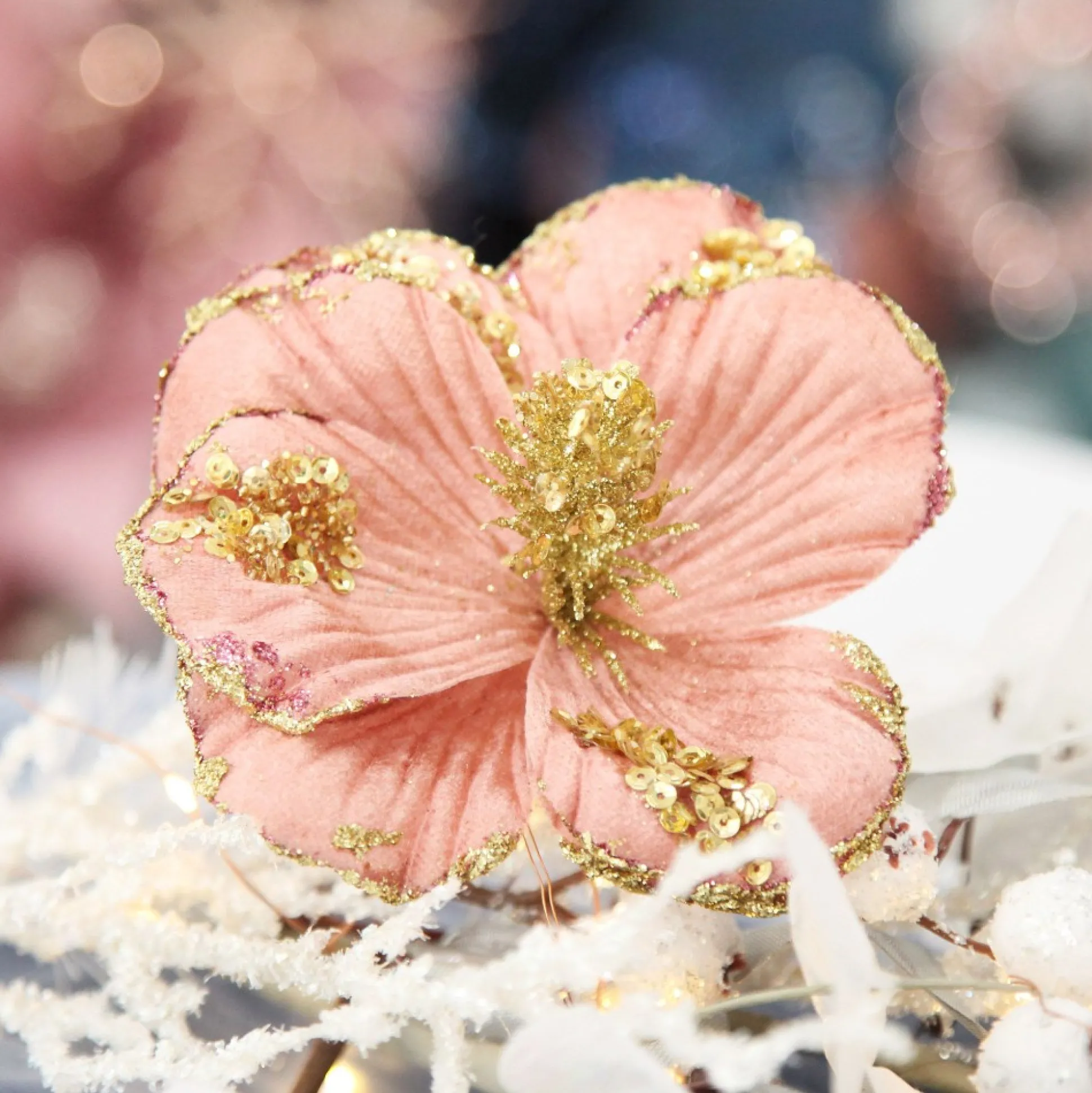 Blush Velvet Magnolia Flower with Gold Sequin Tips Christmas Flowers|