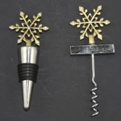 Brass Snowflake Corkscrew and Bottle Stopper Gift Set Christmas Gifts|