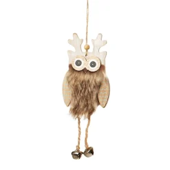 Brown Wood Owl Tree Decorations with Fur & Bells Christmas Tree Decorations|