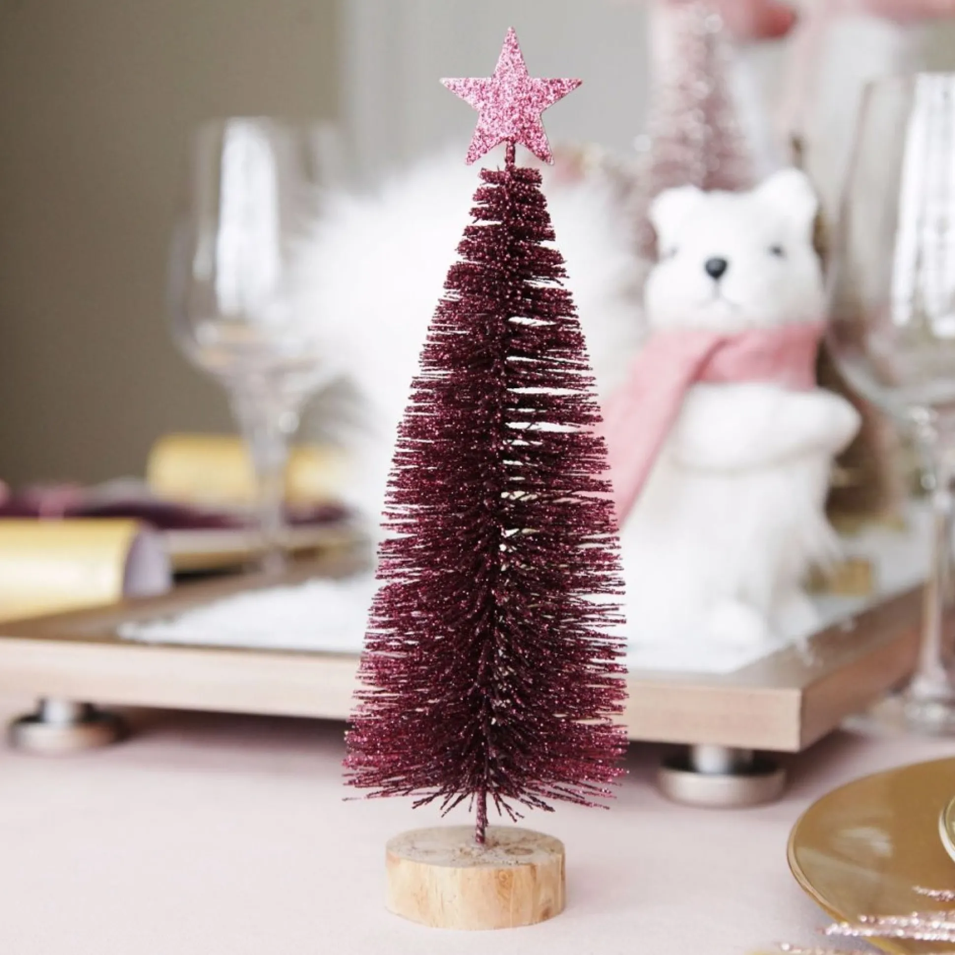 Burgundy Bottle Brush Tree - Small Set of 2 Table Top Christmas Trees|
