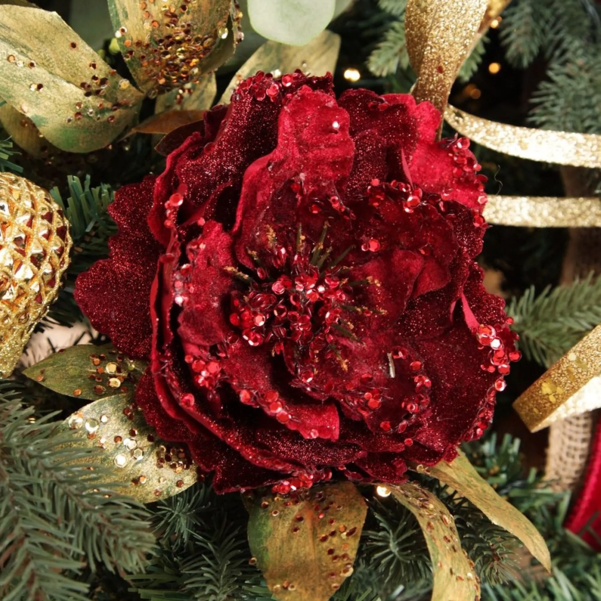 Burgundy Peonie Flower Stem with Glitter Sprinkles Christmas Flowers|