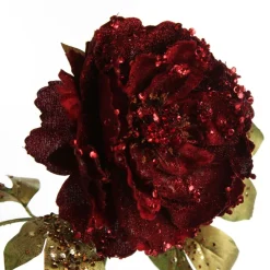 Burgundy Peonie Flower Stem with Glitter Sprinkles Christmas Flowers|