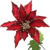 Burgundy Velvet Poinesttia Flower Stem with Gold Glitter Christmas Flowers|
