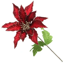 Burgundy Velvet Poinesttia Flower Stem with Gold Glitter Christmas Flowers|