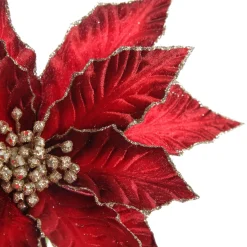 Burgundy Velvet Poinesttia Flower Stem with Gold Glitter Christmas Flowers|