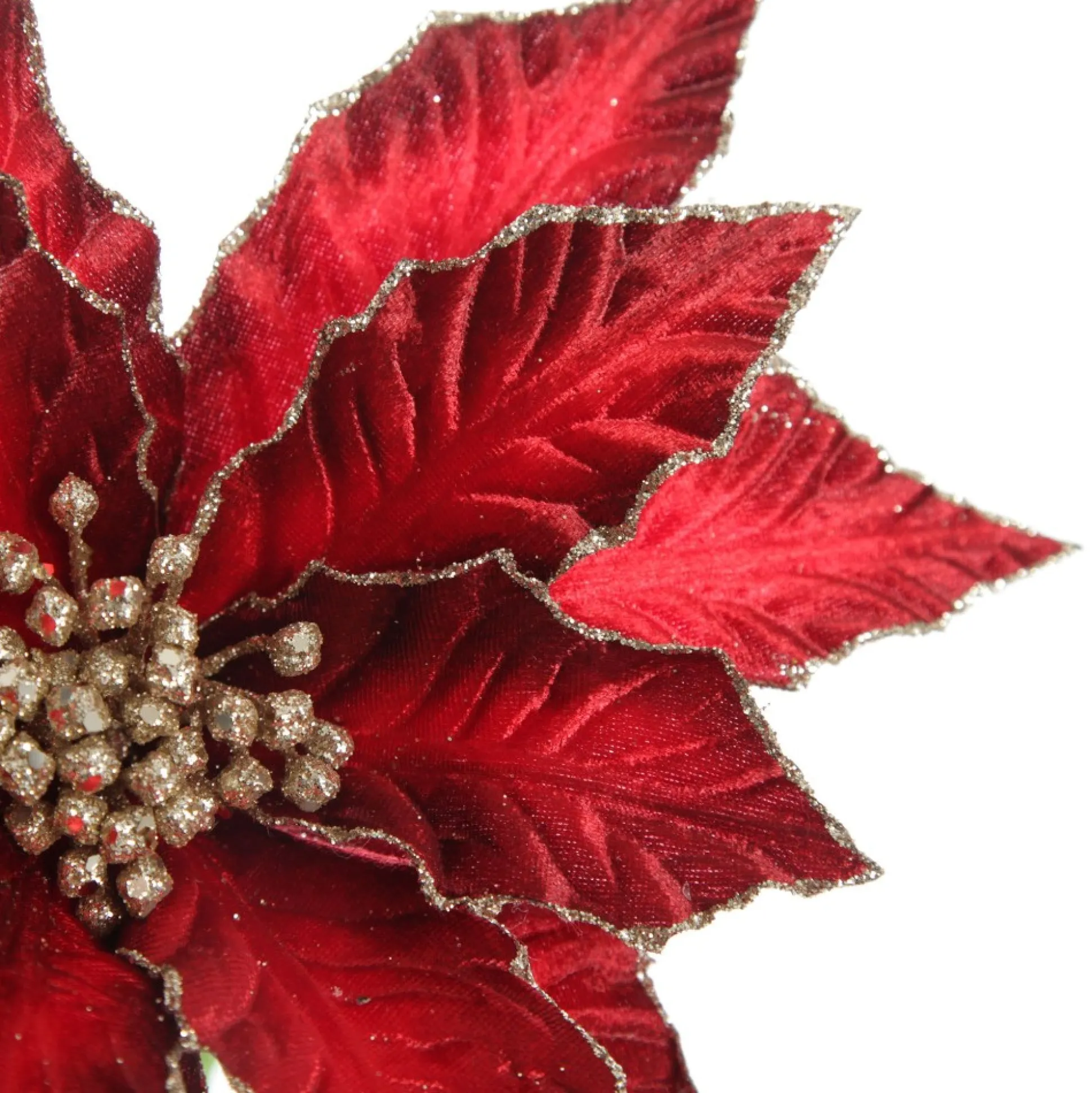 Burgundy Velvet Poinesttia Flower Stem with Gold Glitter Christmas Flowers|