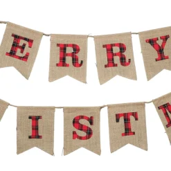 Burlap Bunting with Red and Black Plaid Merry Christmas Wall Hangings And Signs|