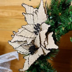 Burlap Flower Pick Black Glitter Trim Christmas Flowers|