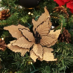 Burlap Flower Pick Black Glitter Trim Christmas Flowers|