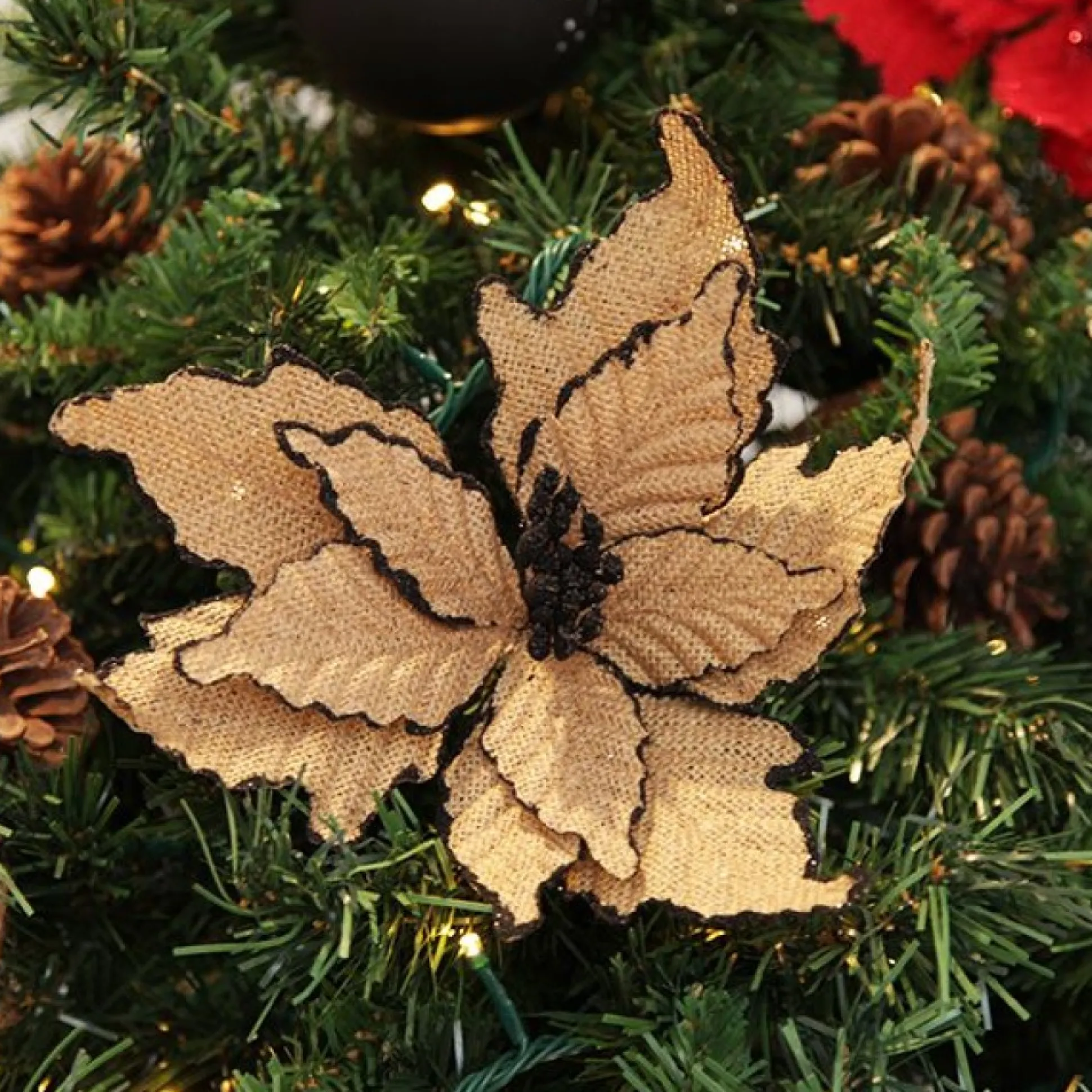 Burlap Flower Pick Black Glitter Trim Christmas Flowers|