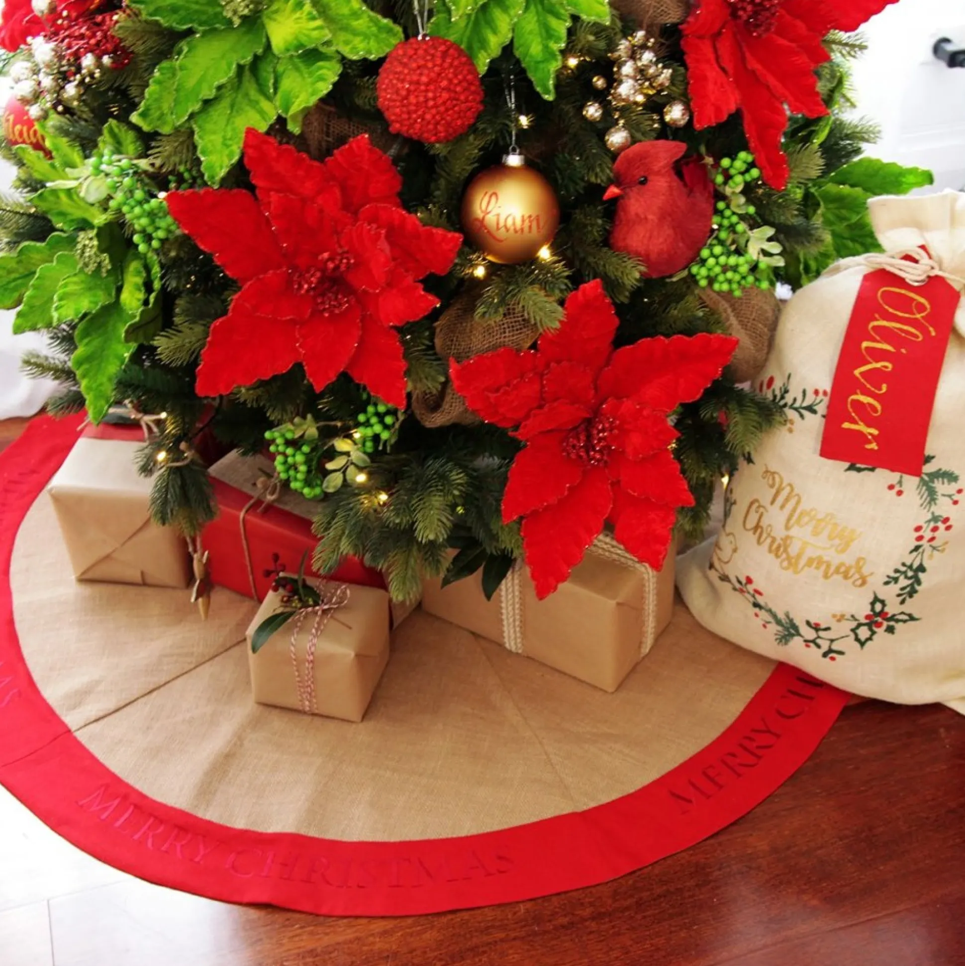 Burlap Merry Christmas Tree Skirt - Red Trim Christmas Tree Skirts|