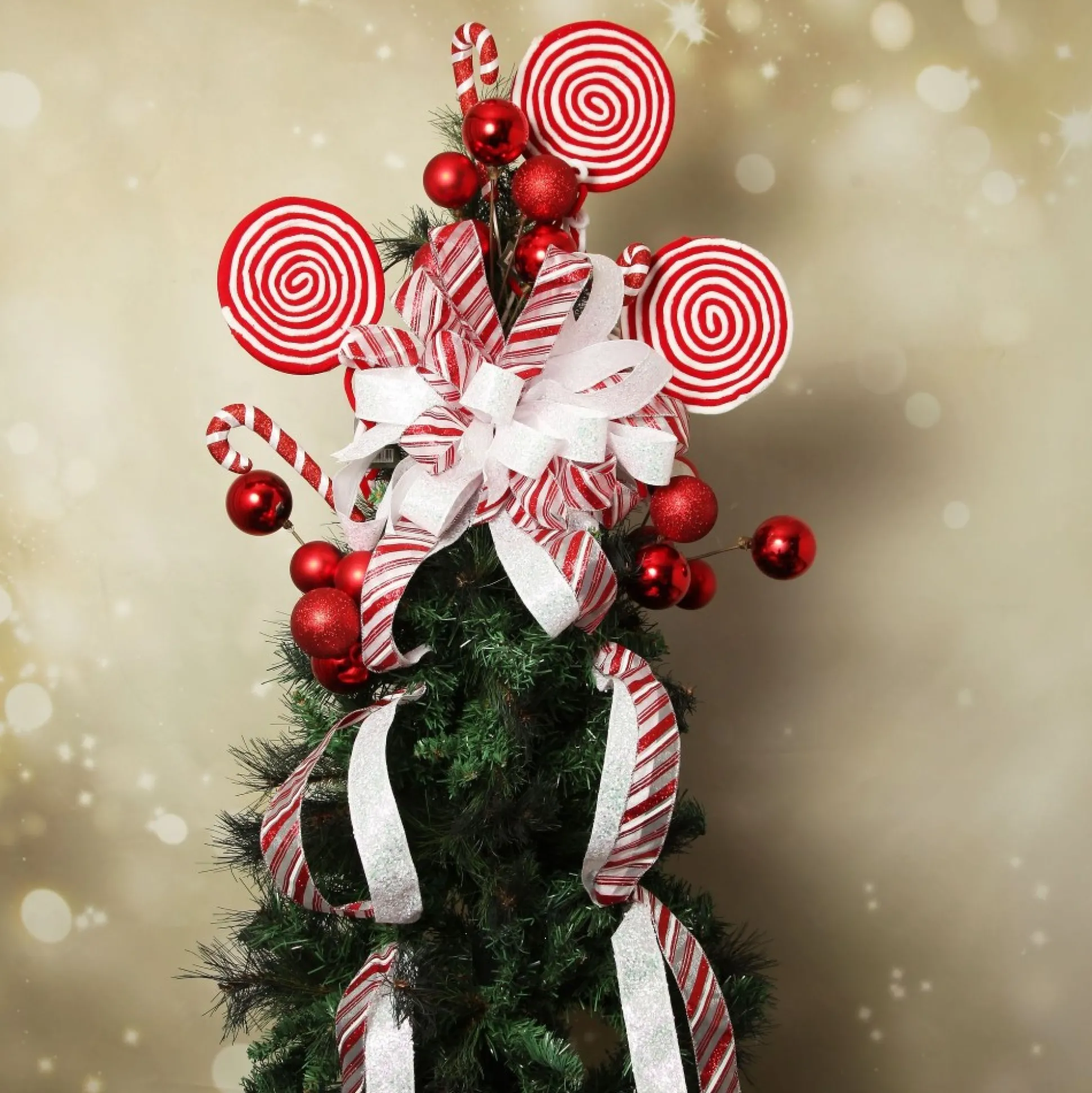 Candy Cane Stripe Deluxe Tree Topper Bow with Streamers Tree Toppers|