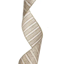 Champagne Glitter and Linen Striped Wired Ribbon - 6.5cm Ribbons|