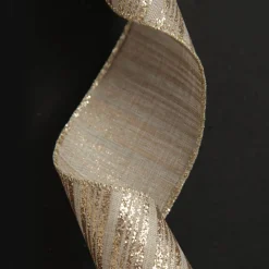 Champagne Glitter and Linen Striped Wired Ribbon - 6.5cm Ribbons|