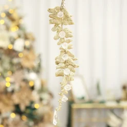 Champagne Glitter Leaf and Pearls Long Tree Decoration Christmas Tree Decorations|