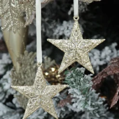 Champagne Glitter Star Tree Decorations - Set of 2 Snowflakes And Stars|