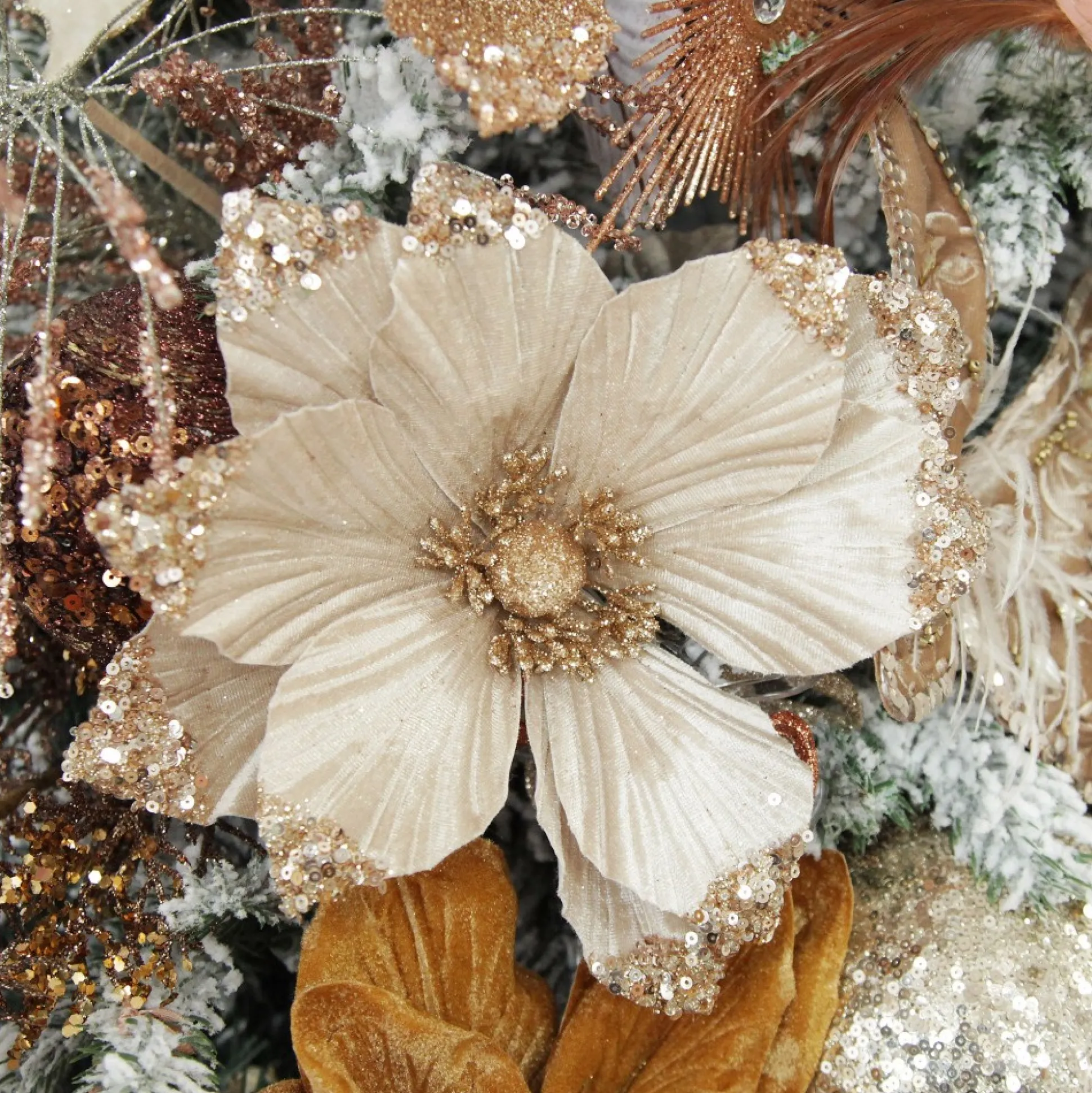 Champagne Magnolia Flower Stem with Glitter Sequin Tips Christmas Flowers|