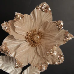 Champagne Magnolia Flower Stem with Glitter Sequin Tips Christmas Flowers|