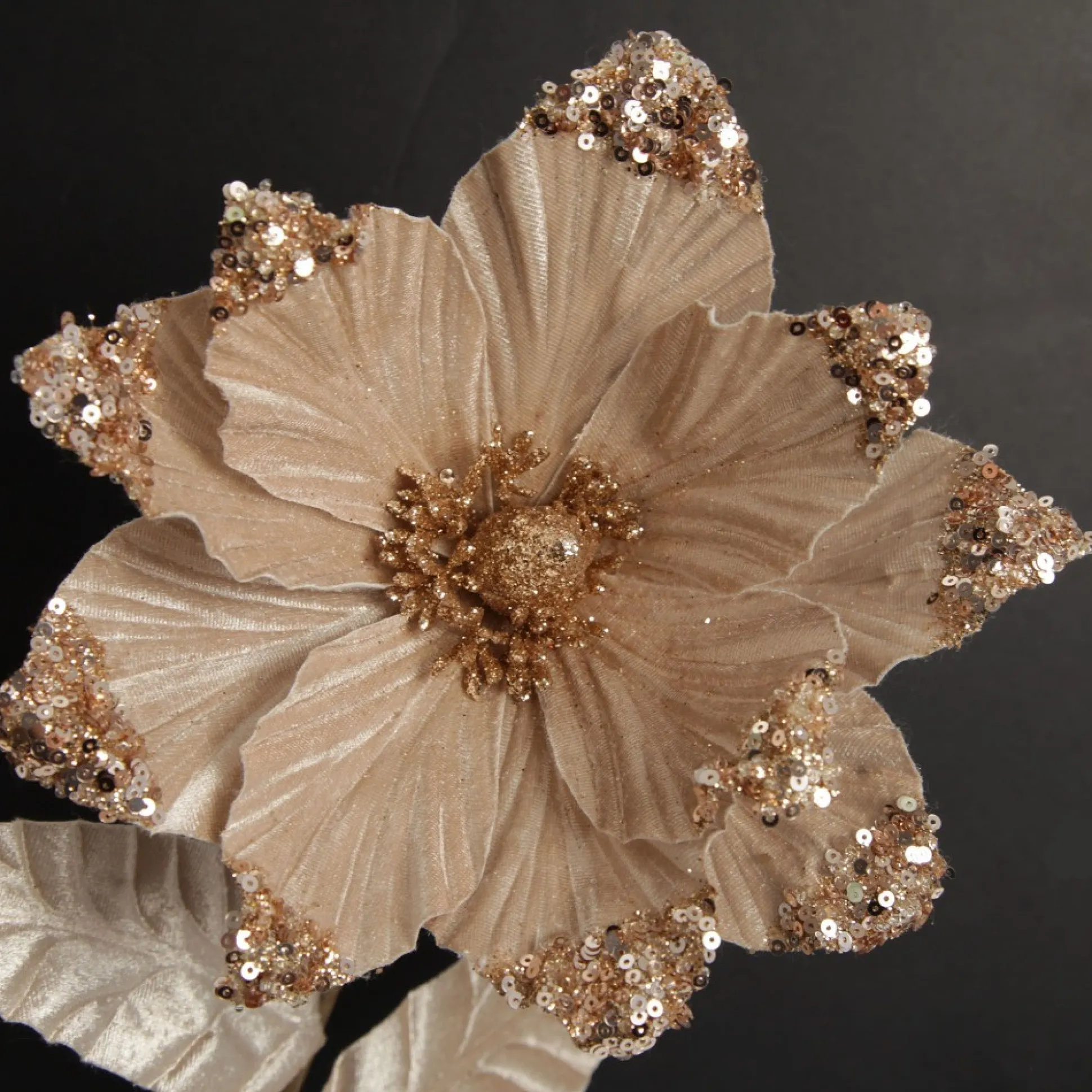 Champagne Magnolia Flower Stem with Glitter Sequin Tips Christmas Flowers|