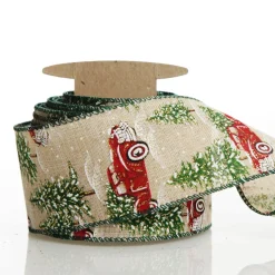 Christmas Ute with Snowy Trees Natural Linen Wired Ribbon - 6.25cm Ribbons|