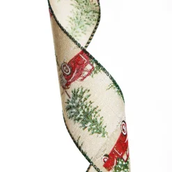 Christmas Ute with Snowy Trees Natural Linen Wired Ribbon - 6.25cm Ribbons|