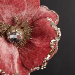 Dark Pink Velvet Magnolia Flower Clip with Jewel Centre and Sequin Tips Christmas Flowers|