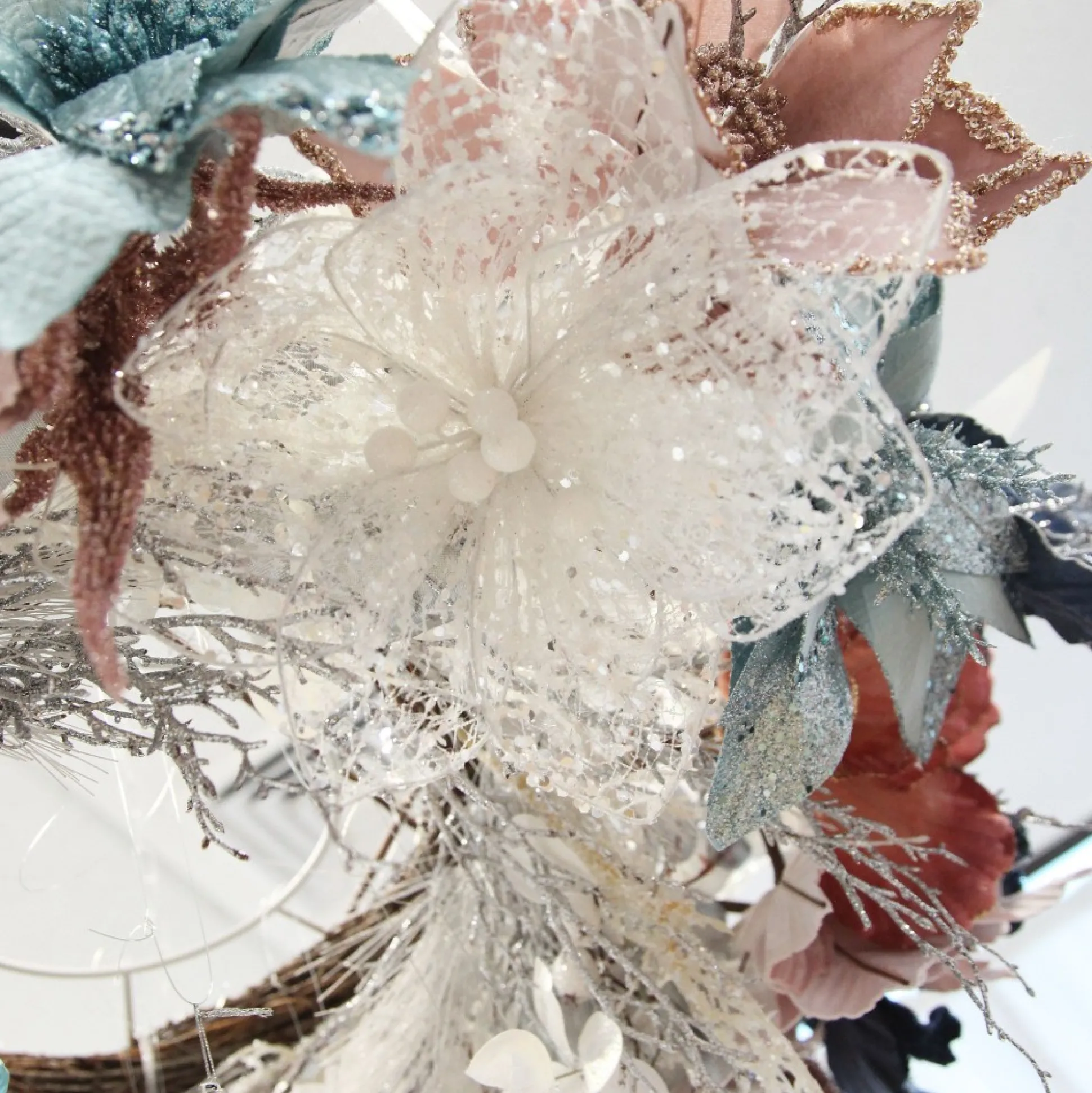 Delicate White Mesh and Sequin Flower Stem Christmas Flowers|