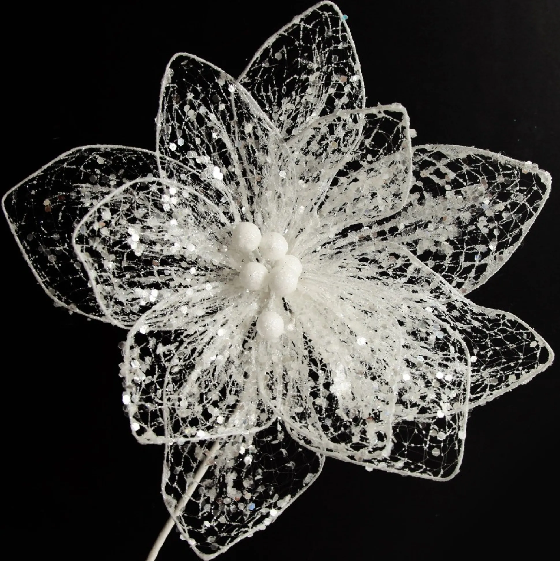 Delicate White Mesh and Sequin Flower Stem Christmas Flowers|