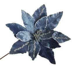Denim Blue Poinsettia Flower Stem with Silver Glitter Highlights Christmas Flowers|