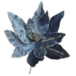 Denim Blue Poinsettia Flower Stem with Silver Glitter Highlights Christmas Flowers|