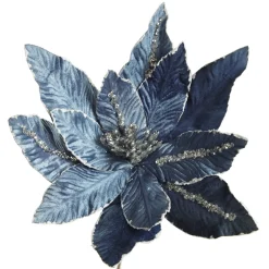 Denim Blue Poinsettia Flower Stem with Silver Glitter Highlights Christmas Flowers|