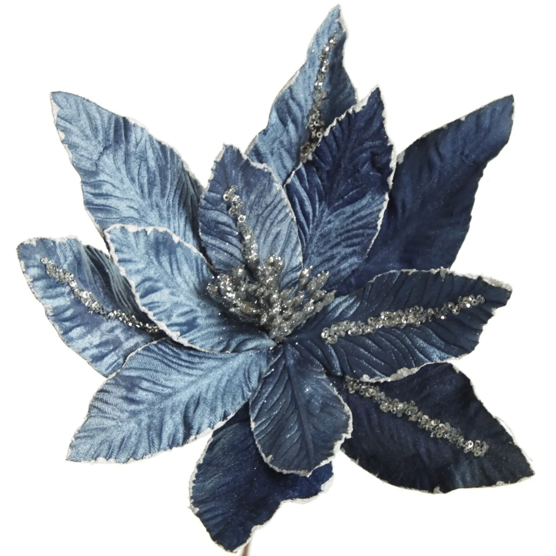 Denim Blue Poinsettia Flower Stem with Silver Glitter Highlights Christmas Flowers|