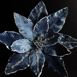Denim Blue Poinsettia Flower Stem with Silver Glitter Highlights Christmas Flowers|