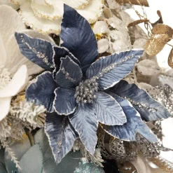 Denim Blue Poinsettia Flower Stem with Silver Glitter Highlights Christmas Flowers|