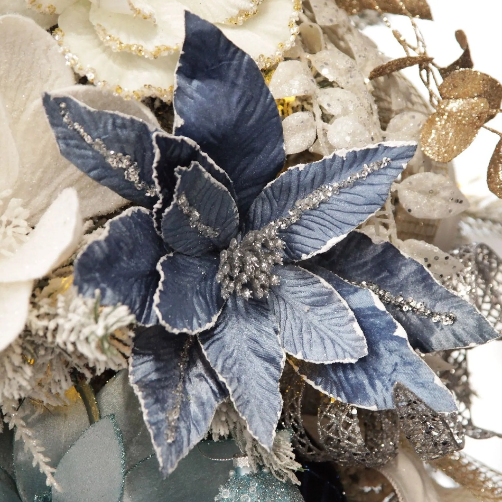 Denim Blue Poinsettia Flower Stem with Silver Glitter Highlights Christmas Flowers|