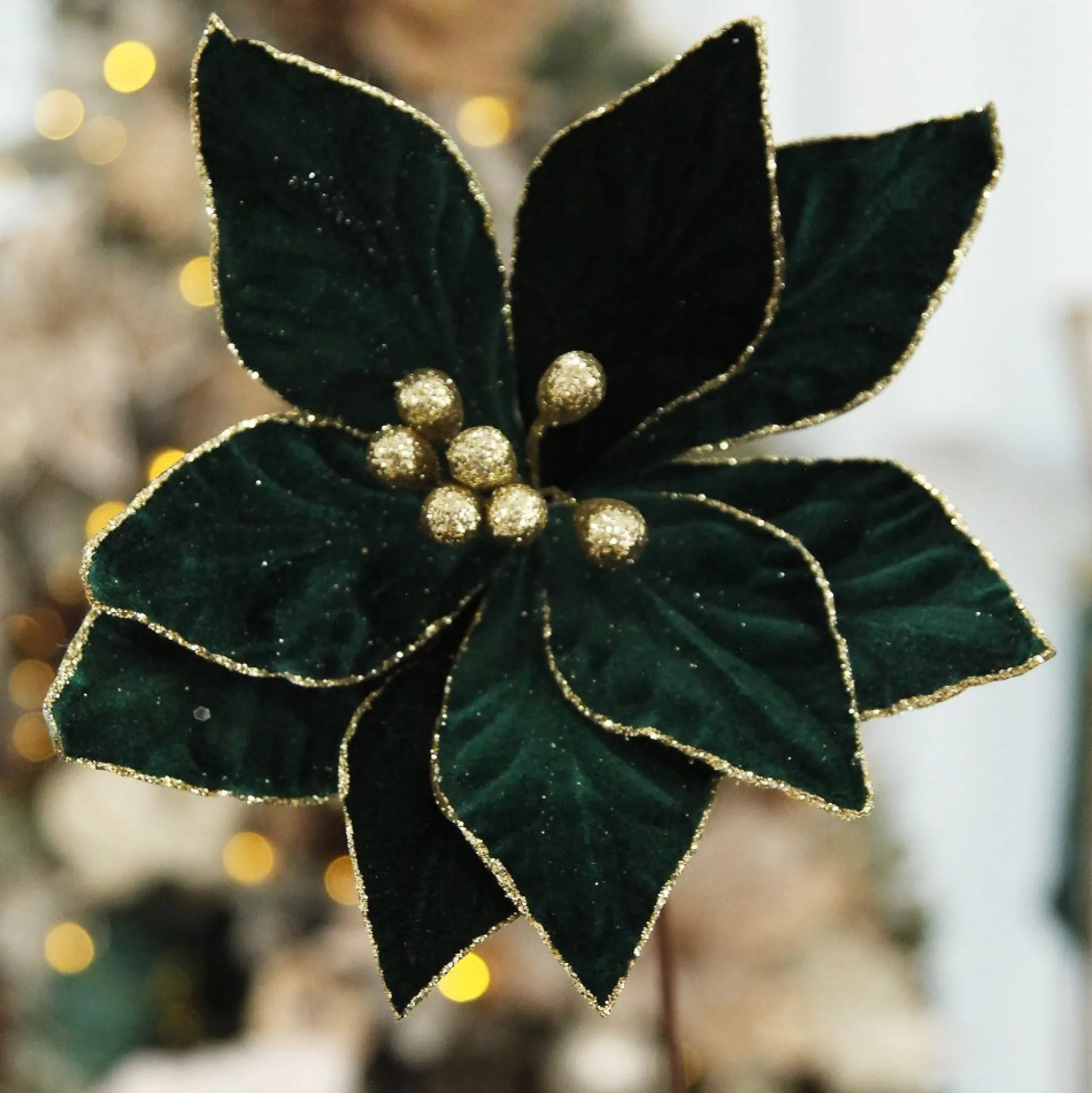 Emerald Poinsettia Flower Stem with Gold Glitter Edge Christmas Flowers|