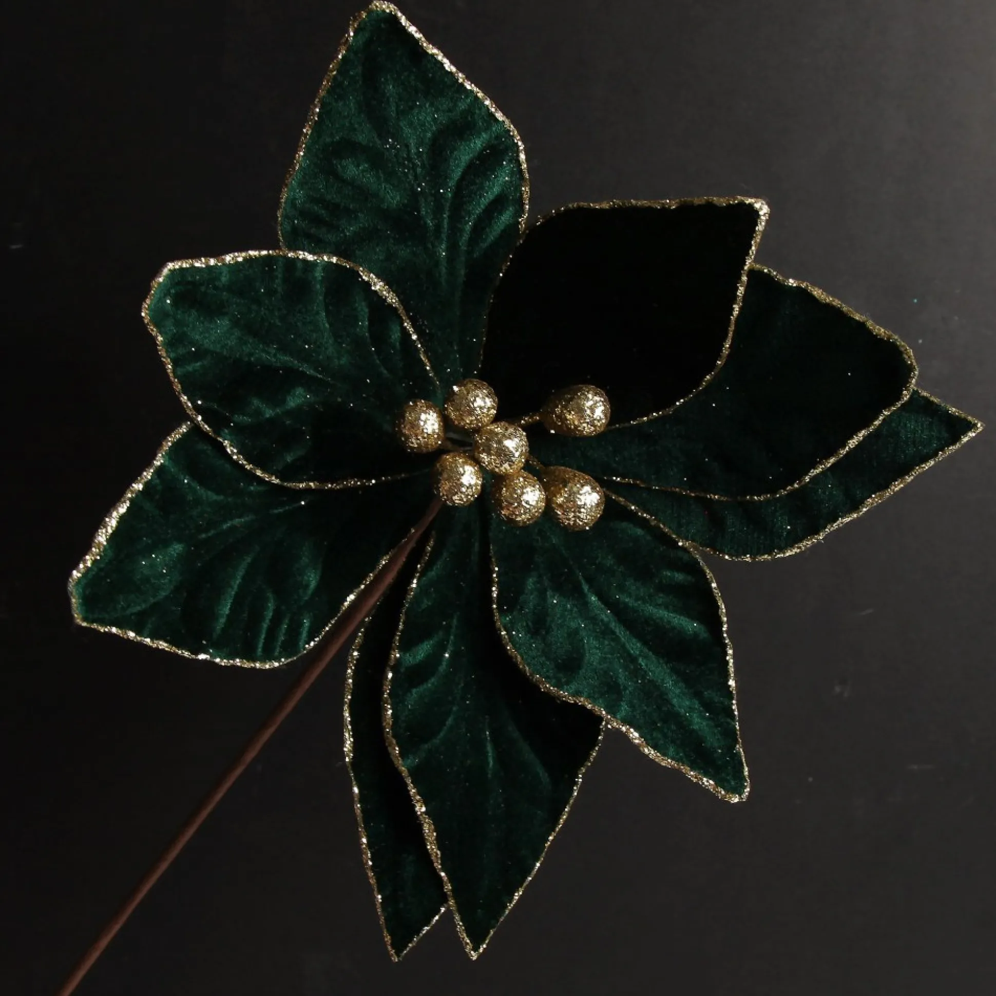 Emerald Poinsettia Flower Stem with Gold Glitter Edge Christmas Flowers|