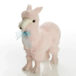 Fluffy Pink Llama with Blue Bow Christmas Birds And Animals|