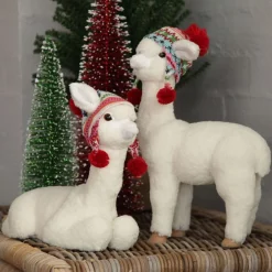 Fluffy White Llama with Hat - Standing Christmas Birds And Animals|